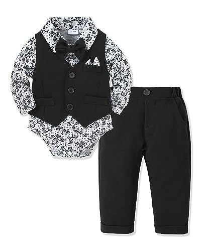 YALLET Conjunto de roupas para bebês de 0 a 24 meses para bebês de 0 a 24 meses + gravata borboleta + calça + conjunto de roupas de casamento para bebês, Preto, 0-3 Meses