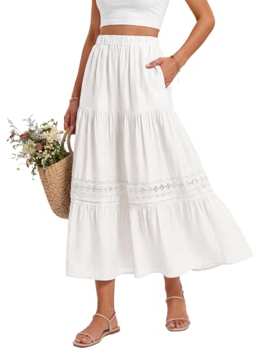 Blooming Jelly Womens Maxi Skirt Boho Summer Long Skirts Flowy High Waist Tiered Casual Beach Dress with Pockets 2026(White Small)