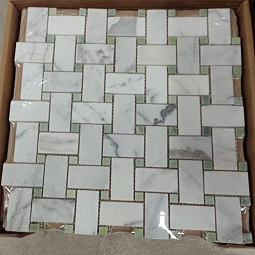 Stone Center Online Carrara White Marble 1X2 Basketweave Mosaic Tile W/Green Jade Dots Polished Kitchen Bath Wall Floor Backsplash Shower (1 Sheet) #TOP4