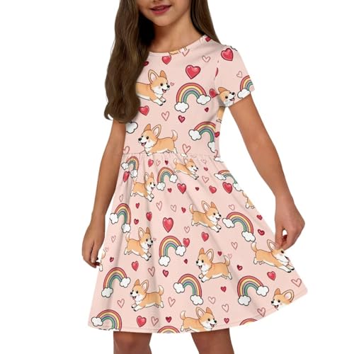 Image of Girls Dress with Pockets Basic Short Sleeve High Waist Swing Skater Dress School Party Dress for Kids
