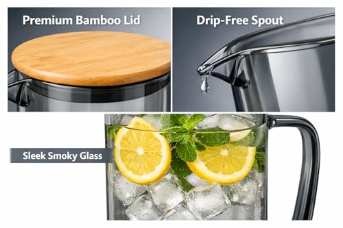 Image of bellemax 1.8 Litre Water Jug with Wooden Lid & 6 Black Juice Glasses Set | Premium Glass Water Jug Set for Home Kitchen | Juice, Water, Cold Drink Serving Set | Stylish Beverage Pitcher Set of 7