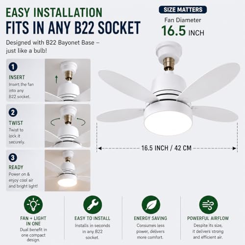 Image of Gesto B22 Socket Fan with LED Light & Remote, Mini Ceiling Fan with 3 Speed & 3 Color Dimmable Light, Portable Bulb Fan for Kitchen, Bathroom, Pooja Room, Study Room, Small Office - 16.5 Inch