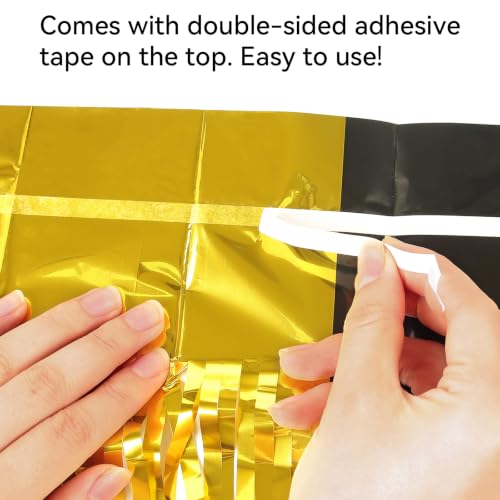 Image of 2 Pack Fringe Curtains Backdrops, Foil Fringe Curtains, Door Streamers for Birthday Wedding Bridal Shower Holiday Graduation Party Decorations Black Gold