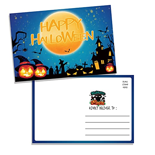 50 Happy Halloween Postkarten, lustige Grußkarten für Freunde, Familie und Kinder - niedliche Kürbis-Jack-o-Laternen, Fledermäuse, buntes Spukhaus auf gruseligen, 15.2x10.2 cm cm Füllung Notizkarten Cover