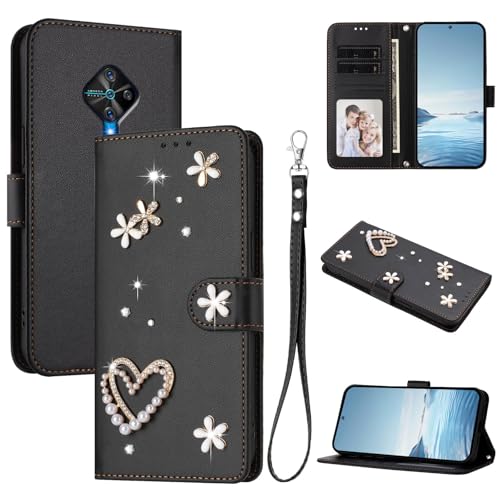 Jiajihua Case Compatible with Vivo Y31 / Y33 4G / Y51a / Y51 (2020, December) / Y53S 4G Lanyard【Card Holder Wallet Flip Cover Magnetic Buckle Kickstand】 Black