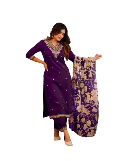 Fashion Women’s Rayon Viscose V-Neck Emroidered Straight Kurta Pant Set with Printed Dupatta (IN, Alpha, S, Regular, WINE)-image-18