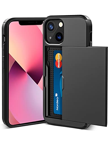 ACOCOBUY for iPhone 13 Case with Card Holder Sliding Cover Hidden Pocket IDs Credit Cards Slot Heavy Duty Shockproof Protective Dual Layer Wallet Phone Cover Back Shell for Men Women 6.1 inch Black