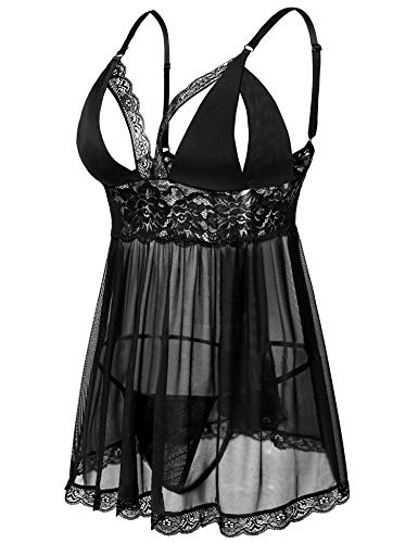 Donnalla Women Plus Size Lingerie Set Sexy Lace Babydoll Lingerie Dress Chemise Sleepwear with Thong2
