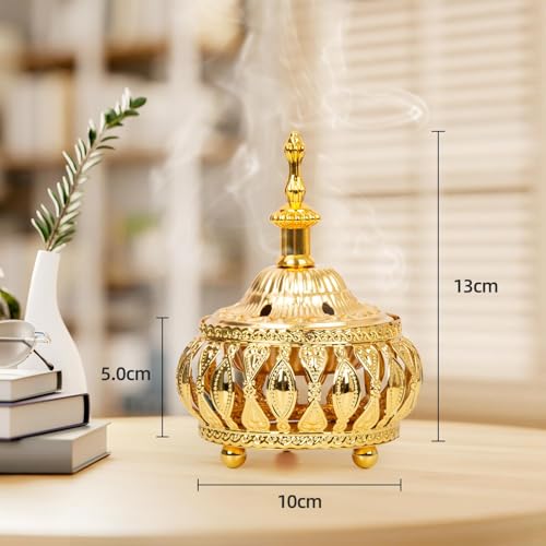 Xisakaca Golden Incense Holder, Frankincense Charcoal Incense Resin Stand, Bakhoor Incense Burner, Ideal for Aromatherapy Yoga Spa, Arabian Vintage Home Christian Church Censer