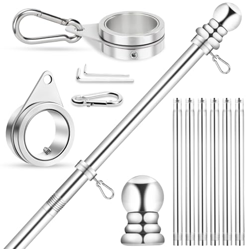 Flag Pole for Outside House Porch Wall Mount REERON 7 FT No Tangle Stainless Steel Spinning Flagpole Kit with 360 Rotating 1 Metal Flag Pole Rings Clips for 3x5 4x6 American Flag Without Bracket