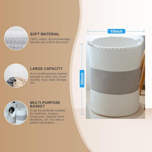 Image of ALBY Woven,Tall Wicker Laundry Basket for Blankets,Clothes,Pillows,Toys,Shoes Large Cotton Laundry Hamper for Bedroom Living Room Bathroom Nursery (58L / Large 15 inchD x 20 inchH, GreyA)