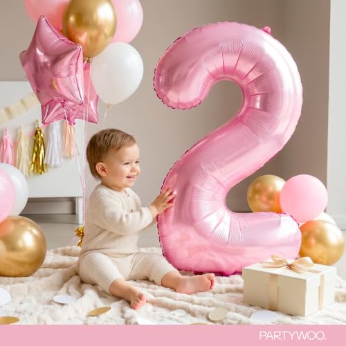 Image of PartyWoo Baby Pink Number 2 Balloon 40 Inch 25pcs Pink Foil Star White Gold