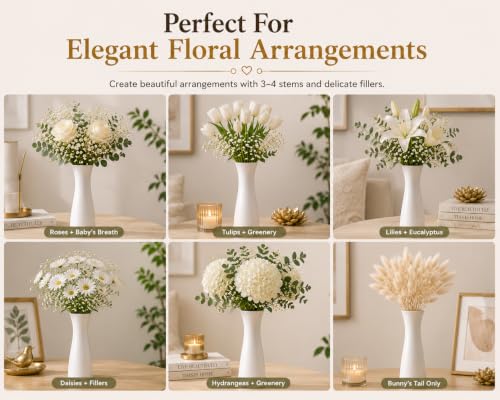 Image of White Ceramic Flower Vase for Home Decor, Modern Decorative Vase for Living Room, Bedroom & Office, Minimalist Table Centerpiece for Roses, Tulips, Baby's Breath & Artificial Flowers