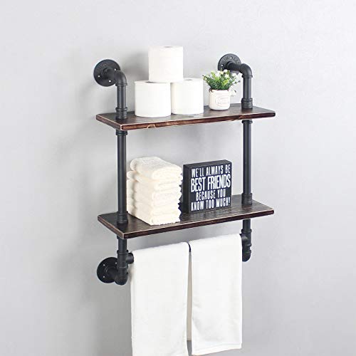 Industrial Bathroom Shelves Wall Mounted,19.7in Rustic 2 Layer Bathroom Shelf with Towel Bar,Metal Pipe Storage Wall Shelf for Kitchen,Floating Shelves,Bathroom Shelves Over Toilet,Vintage Blcak