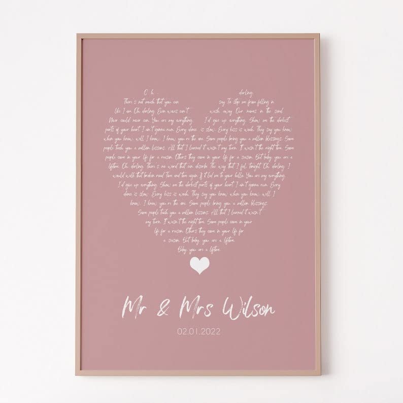 Personalised First Dance Lyrics Wedding Song Print Couples Song Valentines Gift for Her Poster No Framed/Framed Canvas 0.75 Inch