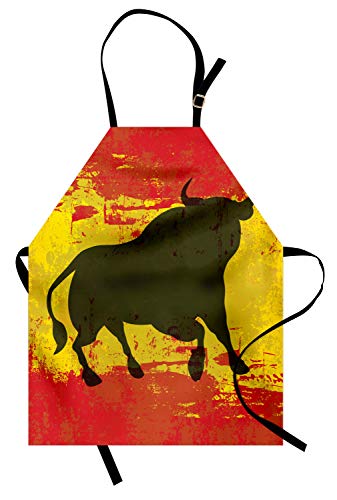 Ambesonne Spanish Apron, Bull Silhouette on Spanish Flag Grunge National Elements Paint Stains