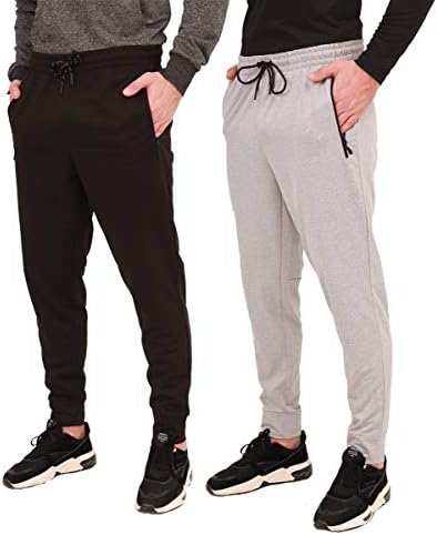 AyeGoo Men's Jogger Sweatpants,Men's Athletic Jogger Pants and Workout Jogger Pants with Zipper Pockets (2pcs Set) (Black/Light Grey Melange, L)