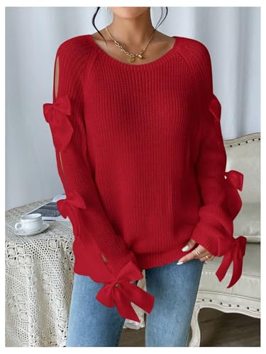 WDIRARA Women's Bow Cut Out Long Sleeve Sweater Oversized Knit Pullovers Crew Neck Top3