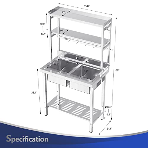 Vingli 67" 2-Compartment Commercial Sink With Shelves Over & Drying Rack Underneath, 304 Stainless Steel Sink Double Basin With Drain For Restaurant, Freestanding Utility Sink For Laundry Room, Garage #TOP6