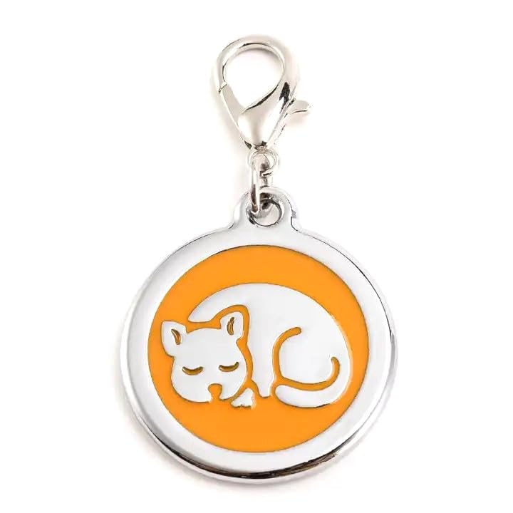COOLLIANT Personalized Pet ID Tags for Kittens and Cats - cat tags for collars, pet tags for cats, pet tag personalized small, cat name tags personalized, cat ID tag (Orange, Sleeping Cat Round-Small)