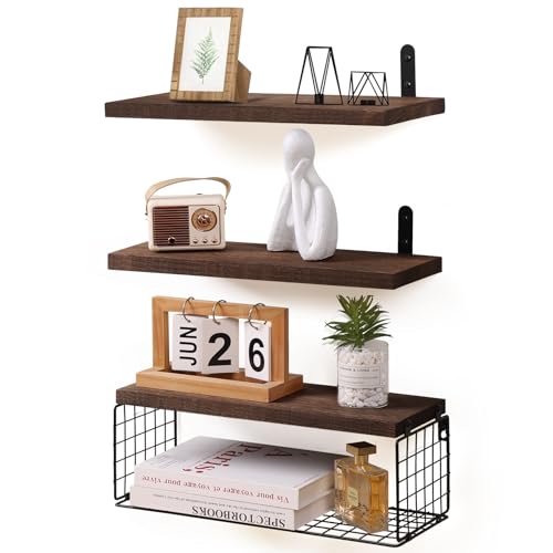 HNFNGSZL Set di 3+1 Mensole da Parete in Legno, Scaffali a Muro Multiuso, Staffe e Cestino in Metallo, Scaffalatura per Camera da Letto, Soggiorno, Cucina, Bagno, Libreria, Salvaspazio