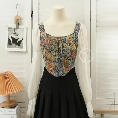 Image of ICW Women French Style Retro Vintage Lace-Up Floral Jacquard Square Neck Smock Puff Sleeve Ruffled Crop Blouse Corset Top Dn29