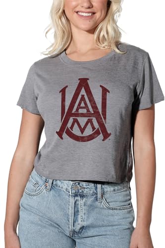Alabama A&M University Official Distressed Primary Logo Women's Crop Top T-Shirt, Athletic Heather, X-Large
