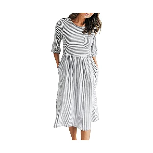 MEROKEETY-Womens-34-Balloon-Sleeve-Striped-High-Waist-T-Shirt-Midi-Dress MEROKEETY Women's 3/4 Balloon Sleeve Striped High Waist T Shirt Midi Dress