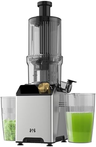 Cold Press Juicer, Juicer Machines with 4.35'' Wide Feed Chute, Stainless Steel Masticating Juicers Easy to Clean, Ergonomic Operational Panel Design, High Juice Yield, Amber Knob