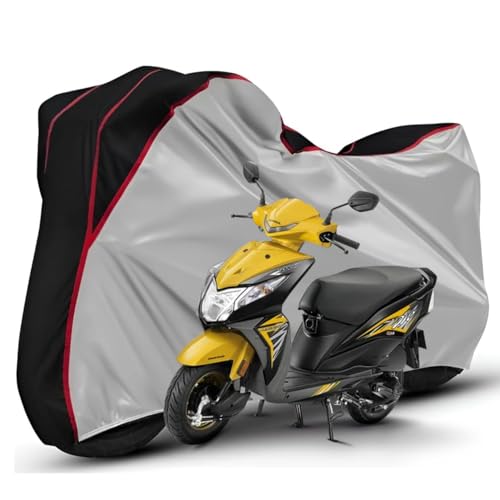 Image of Waterproof Bike Body Cover Compatible with Honda Dio Dustproof Scratchproof - Motorcycle Cover for Two Wheeler, Outdoor Full Cover with UV, Duty, Rain Protection (Silver Top Black)