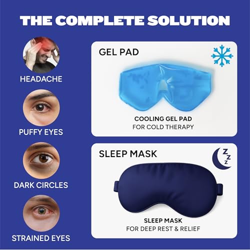 Image of Eye Mask with Cooling Gel Technology for Dark Circles, Puffy Eyes, Redness, Migraine & Headache Relief | Jumbo Size | Soft Silk | For Men & Women (Black, pack of 2)