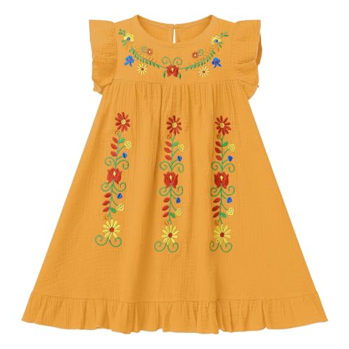 Toddler Baby Girls Mexican Traditional Folk Flutter Sleeve Floral Embroidery Ruffle Cinco De Mayo Fiesta A-line Dress