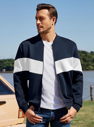 Image of Men's Lightweight Varsity Jacket Casual Bomber Jacket Stylish Color Block Coat