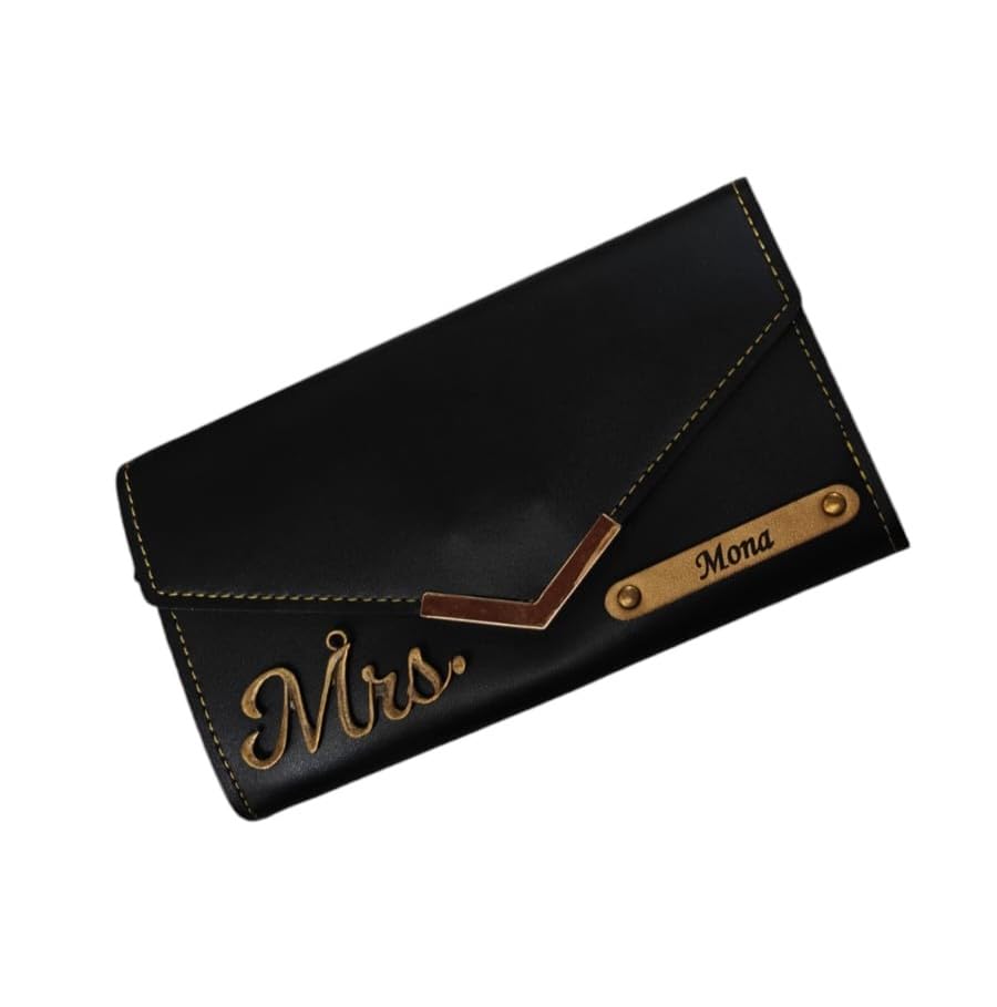 Women's Personalized Leather Wallet with Name & Charm | Stylisg Customized 3-Fold Ladies Clutch - Black (Gift for Girlfriend, Wife, Mother Sister Birthday Anniversary)-image-17