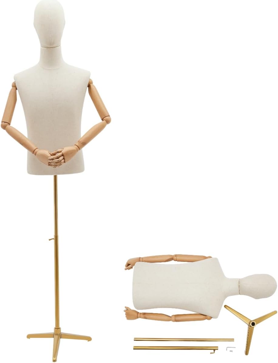 Male Mannequin Torso with Stand & Head Male Dress Form 53"~76" Height Adjustable Body with Tripod Metal Stand, Sewing Mens Mannequin Detachable for Store Display (Gold, 53"~76")