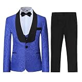 SWOTGdoby Boys 3 Pieces Suit Slim Fit Jacquard Tuxedo Formal Shawl Collar Jacket Vest Pants Ring Bearer Outfit Wedding Prom Royal Blue