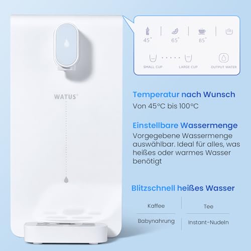 Watus Heißwasserspender, Instant-Wasserspender, Wasserspender mit Filterung und Heizung, Enthält 3 Filterpatronen. Filtern Sie Wasser, um Kalk, Chlor, Blei und Kupfer im Leitungswasser zu reduzieren