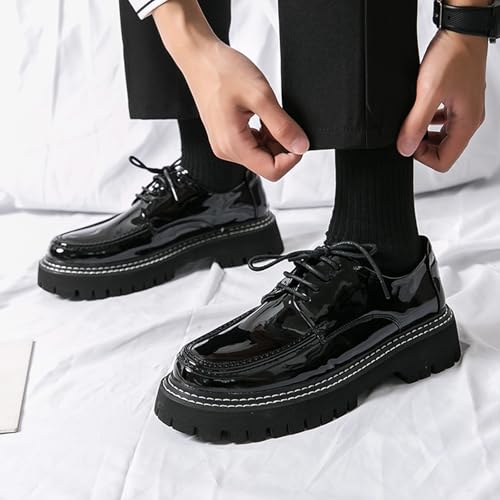 Image of Men's Patent Platform Leather Classic Oxford Shoes Round Toe Lug Sole Non-Slip Lace-Up Business Leather Shoes Fashionable Work Formal Oxfords
