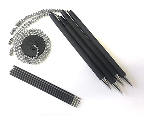 Secure Pen With Chain And Office Pen Holder Adhesive, Reception Counter Pen With 26" Ball Pen Chain, 4 Pens With Chain Attached Per Pack, Rubber Grip, Black Ink, Easily Refillable #TOP1