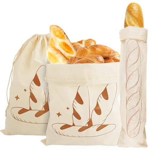 3 Pièces Sacs à Pain en Lin et Coton, 31 X 38cm +16 X 64cm Réutilisables Sac à Pain avec Cordon Serrage, Longue Conservation, Fermeture à Cordon, Bread Bags pour Baguettes, les Fruits et Les Légumes