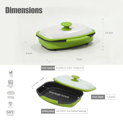 MKYSAIL Quick-Heat 39 OZ Microwave Bacon Cooker & Grill Pan with Lid | Multi-Purpose Microwave Cookware for Grilling, Frying, Baking | Portable & Dishwasher Safe for Kitchen, RV, Office, Dorm(Green) by MKYSAIL - Image 4
