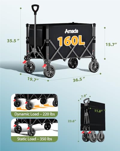 Image of Collapsible Wagon Cart, Foldable Lightweight Wagon Folding Carts with Wheels - Outdoor Utility Carts with 360LBS Max Load for Grocery, Camping, Shopping, Sports, Garden，Beach