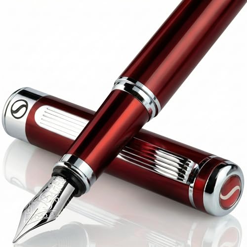 Scriveiner Deep Crimson Red Fountain Pen - Stunning Luxury Pen with Chrome Finish, Schmidt Nib (Fine), Best Pen Gift Set for Men & Women, Professional, Executive, Office, Nice Pens