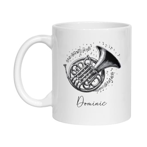 Custom Name French Horn Coffee Cup Gifts For Musicians Music Players, Personalized French Horn Pencil Drawing Travel Teacup, 11oz 15oz Ceramic Mug Gifts For French Horn Players, French Horn Gifts