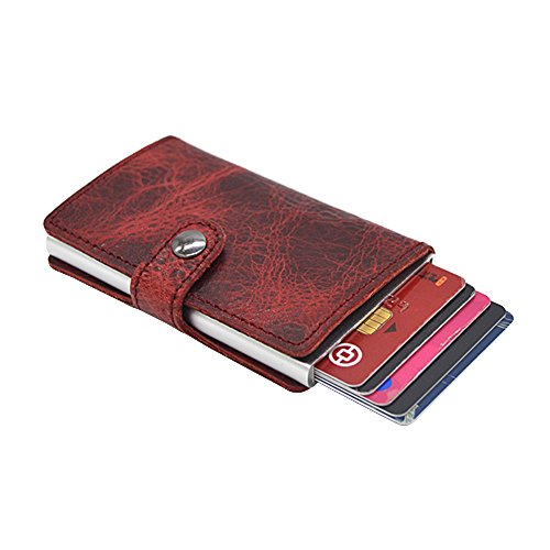 Image of HONB RFID Slim Wallet Minimalist Credit Card Holder For Women (Red Genuine Leather)