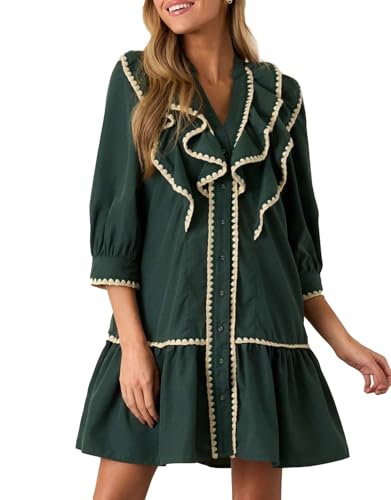 Women's Ruffle Mini Dress Short Sleeve Button Down Cute Babydoll Tiered Dress