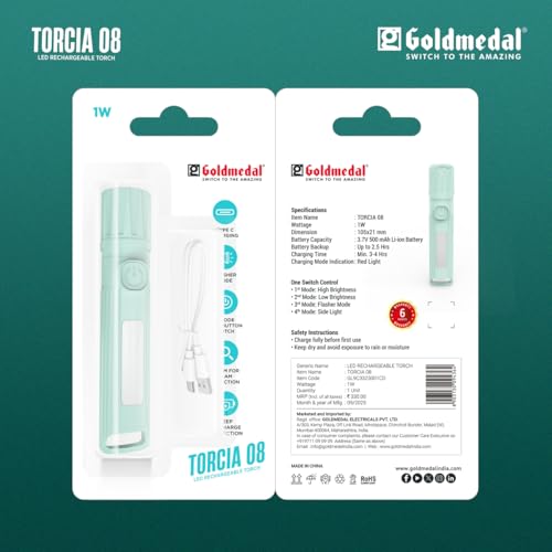 Image of Goldmedal Torcia 08 1W LED Rechargeable Torch, Zoom Function for Adjustable Beam|4 Mode Push Button Switch| Type-C Charging with Back-Up Up to 2.5 Hours | Charging time - 3.4 Hours - Cool Daylight