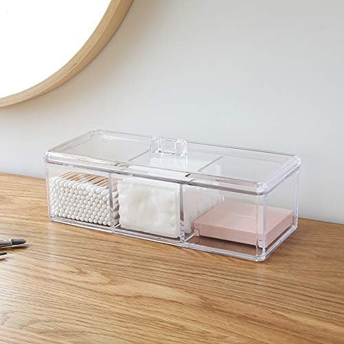 Sooyee Qtip Holder Rectangle Cotton Ball and Swab Holder Organizer with Lid, Dustproof,Waterproof,Clear Acrylic 3 Compartment Cotton Pad Container for Cotton Swabs, Make Up Pads, Cosmetics