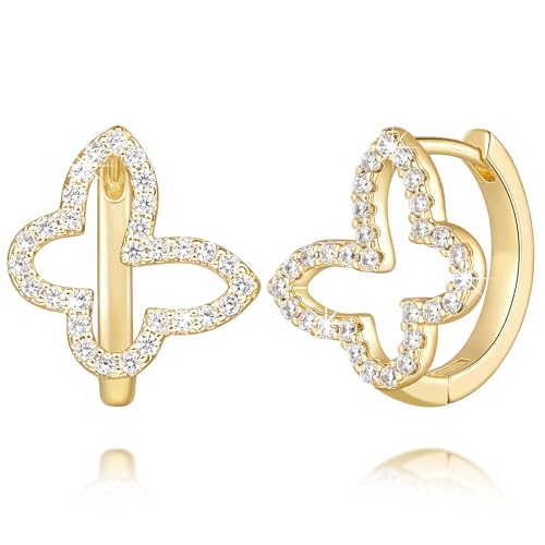Gold Hoop Earrings 14K Gold Hoop Earrings for Women Earring Hoops Hollowed Butterfly-Inspired with Flowing Lines Cubic Zirconia Butterfly Hoops Earring for Women 16.5mm