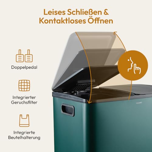 Image of CASABEL Tri Selectif Bin 60L - 2 x 30 L Bin with Pedal, Stainless Steel, Dark Green Anti-Fingerprint, Double Compartments, Kitchen Bin, with Removable Bins, Handles, Silent Lids, 2 x 30 L